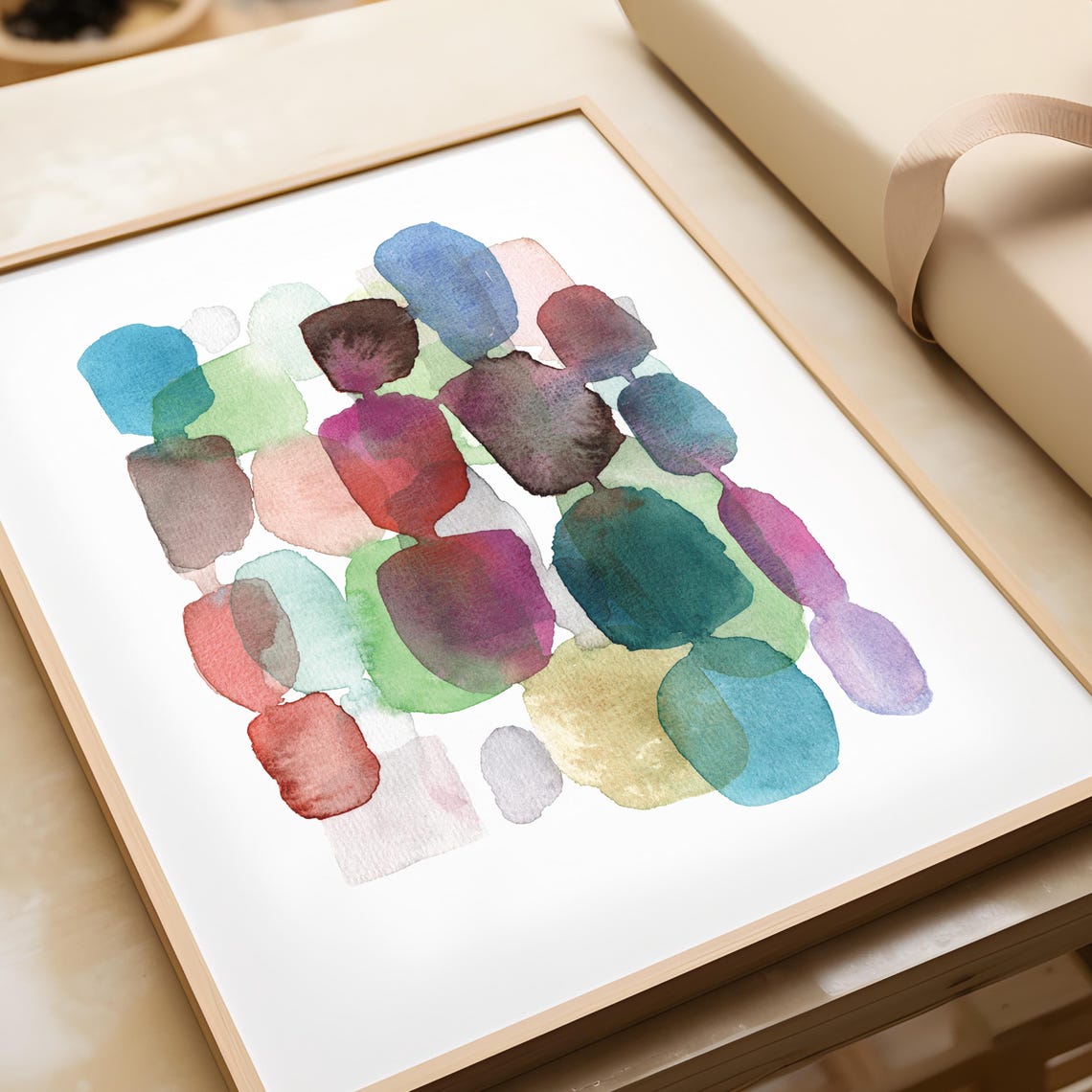 Muted Watercolor Pebble Shapes in Teal and Lilac Abstract Poster - Image 2