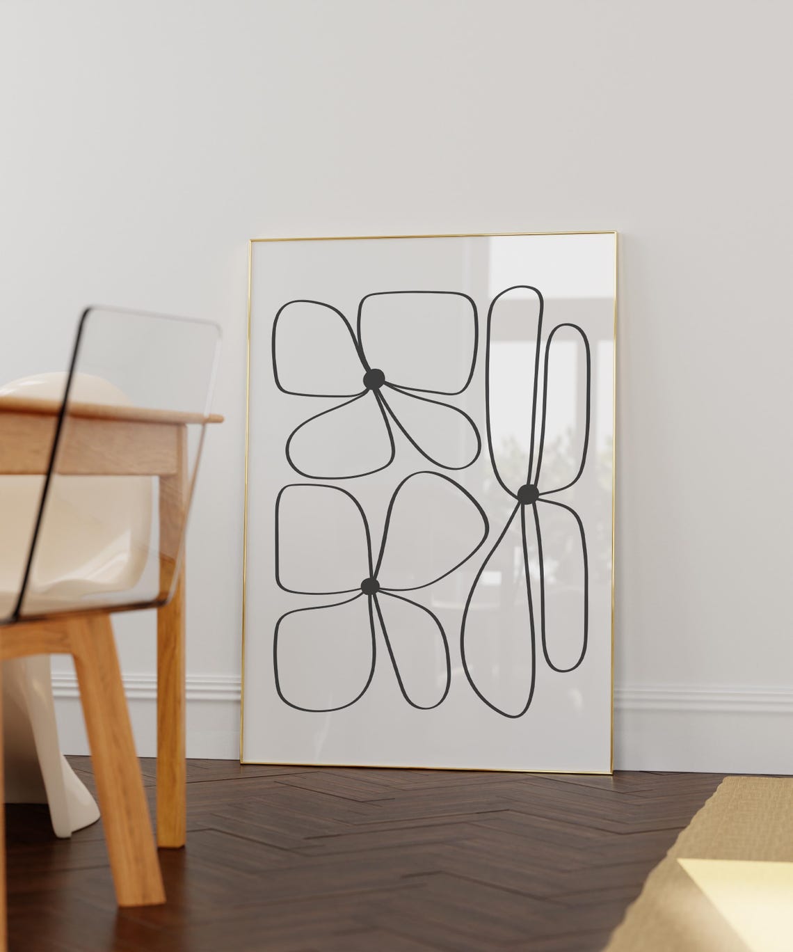 Three Black Line Organic Flowers Minimalist Botanical Art Poster