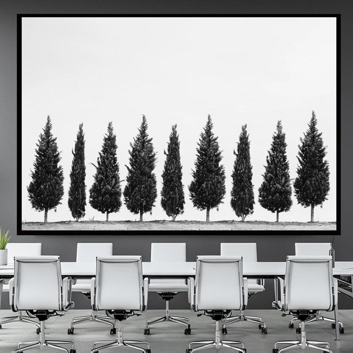 Black and White Juniper Tree Row Minimalist Nature Scene Poster