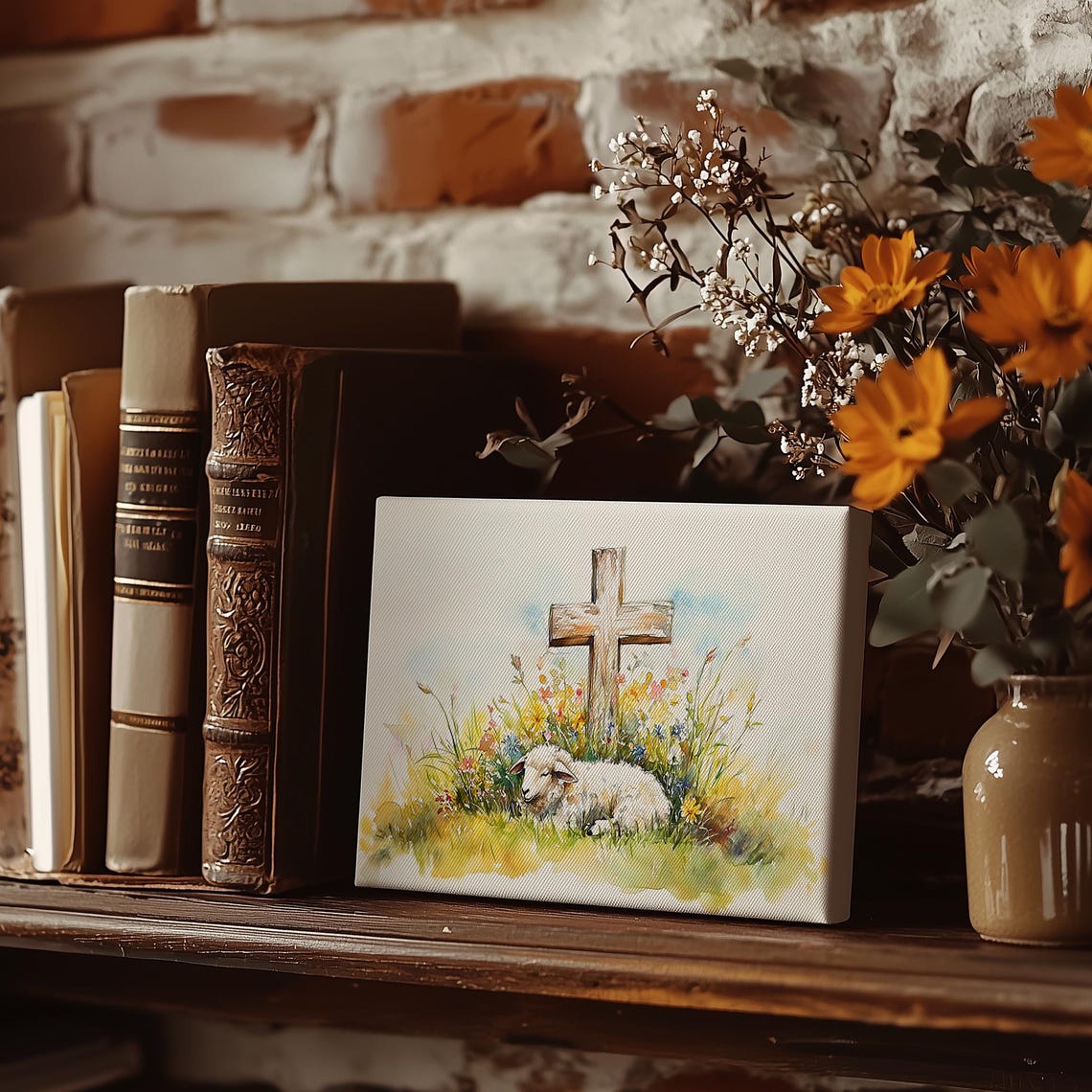 Lamb Resting Before Wooden Cross In Spring Wildflowers Poster - Image 3