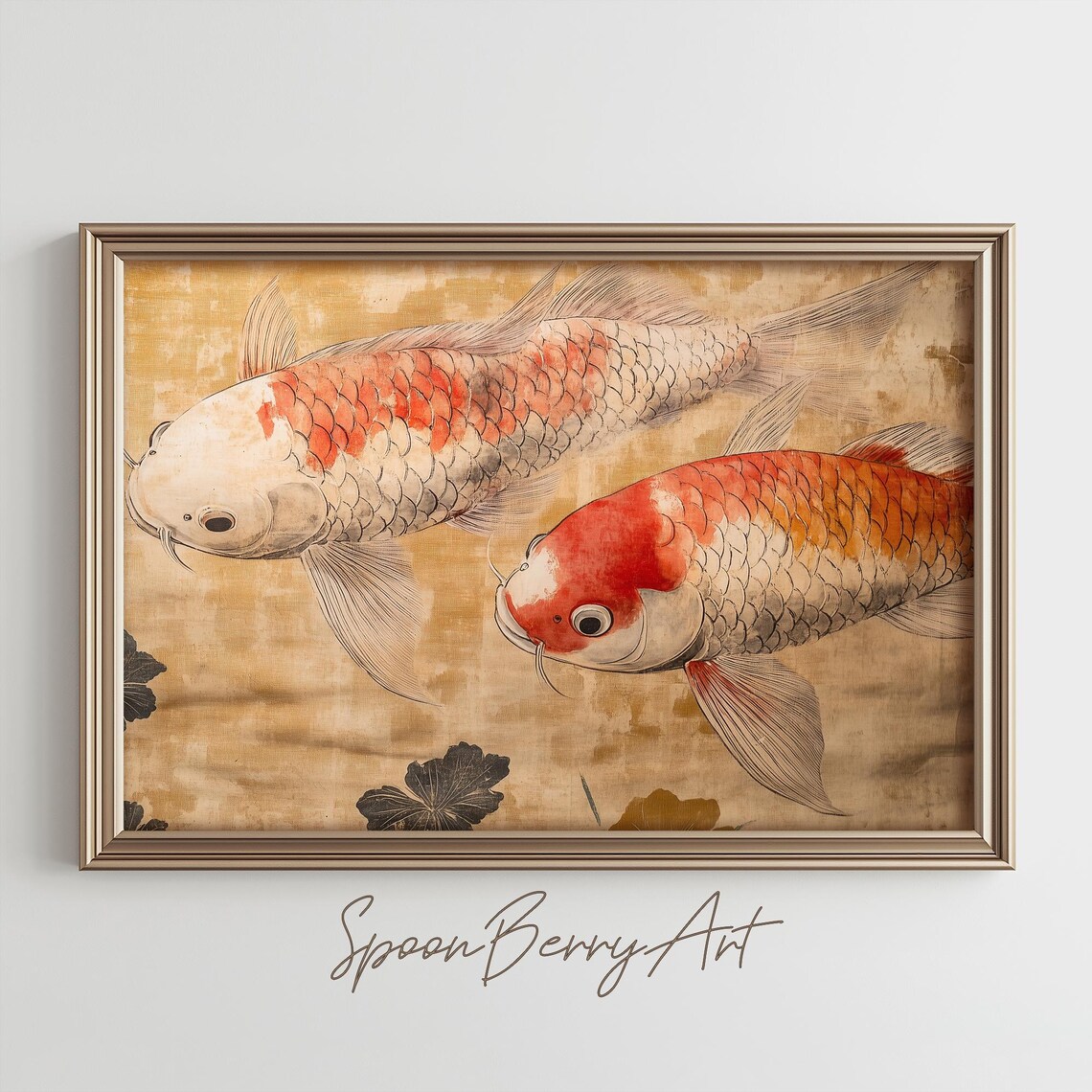 Two Koi Fish Swimming in Vintage Japanese Style Ink Art Poster