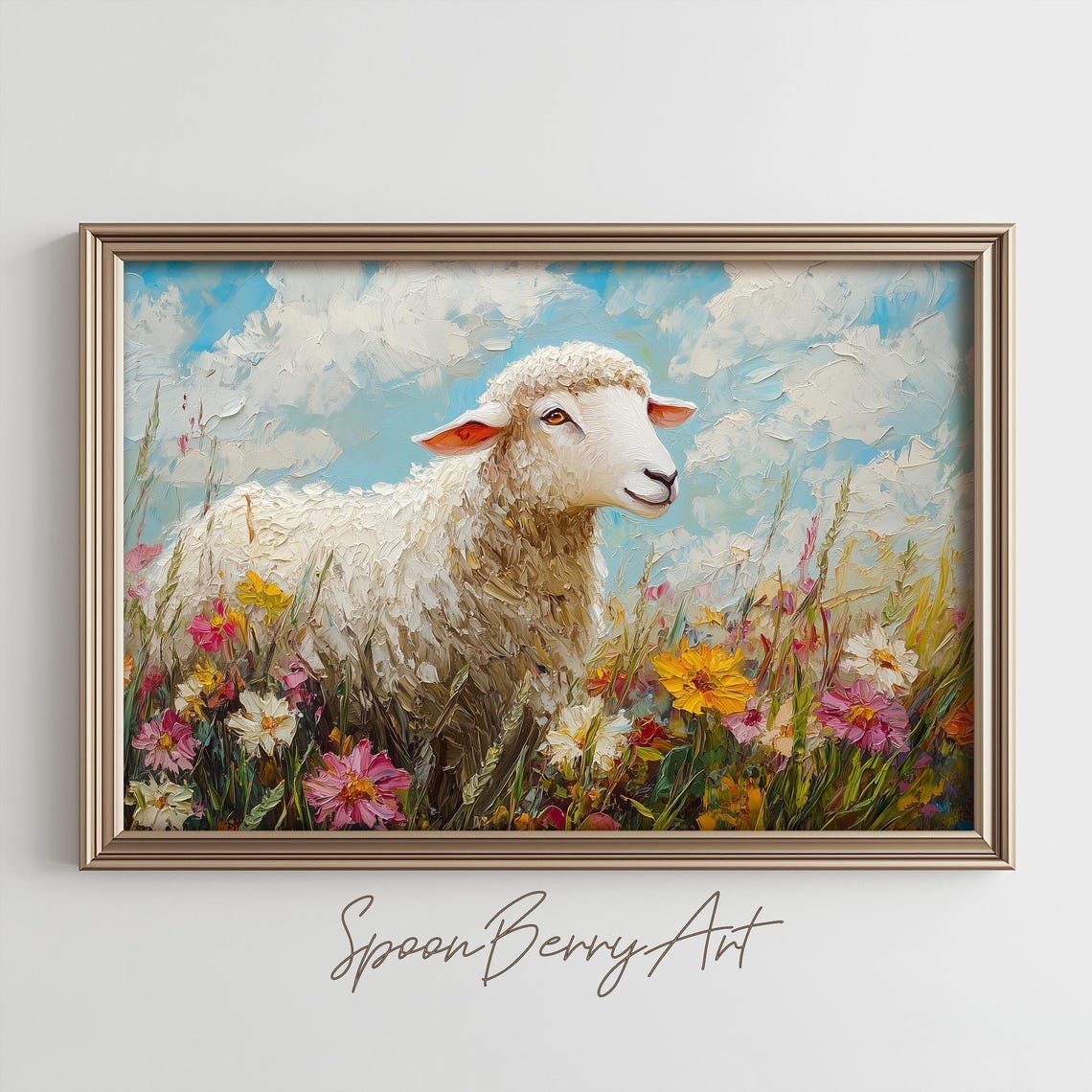 White Sheep In Colorful Wildflower Meadow Under Blue Sky Poster