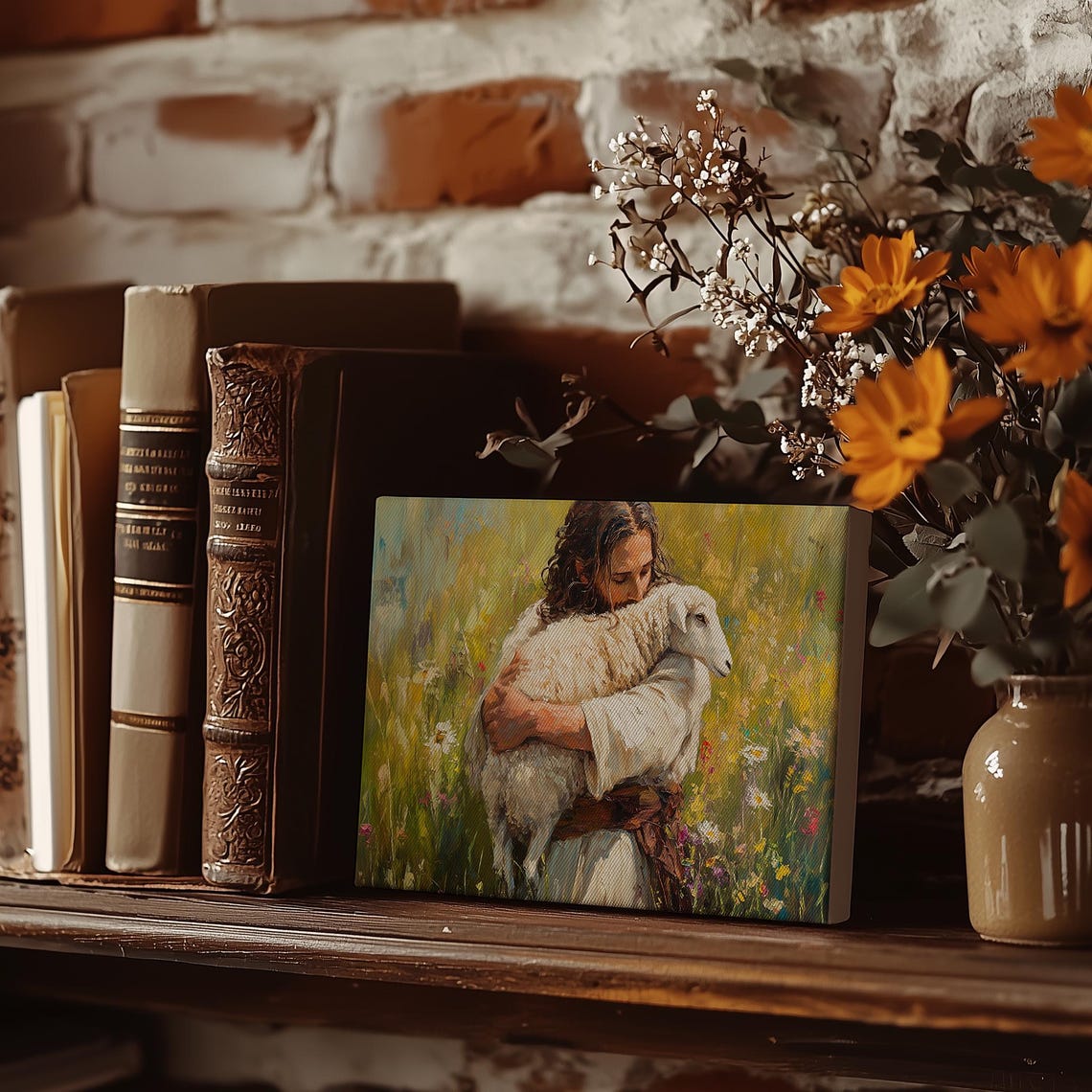 Jesus Holding A Lamb In Wildflower Field Religious Painting Poster - Image 3