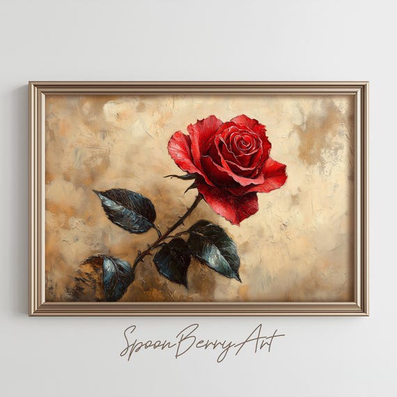 Single Red Rose Painting Vintage Flower Wall Print Rose Print Wall Decor Floral Wall Art Dark Moody Oil Painting Art