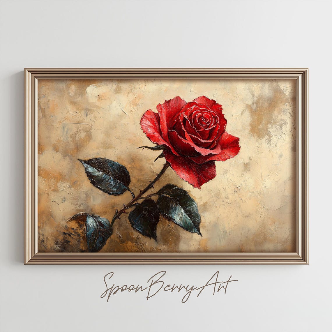 Single Red Rose Bloom Gold Background Romantic Floral Poster
