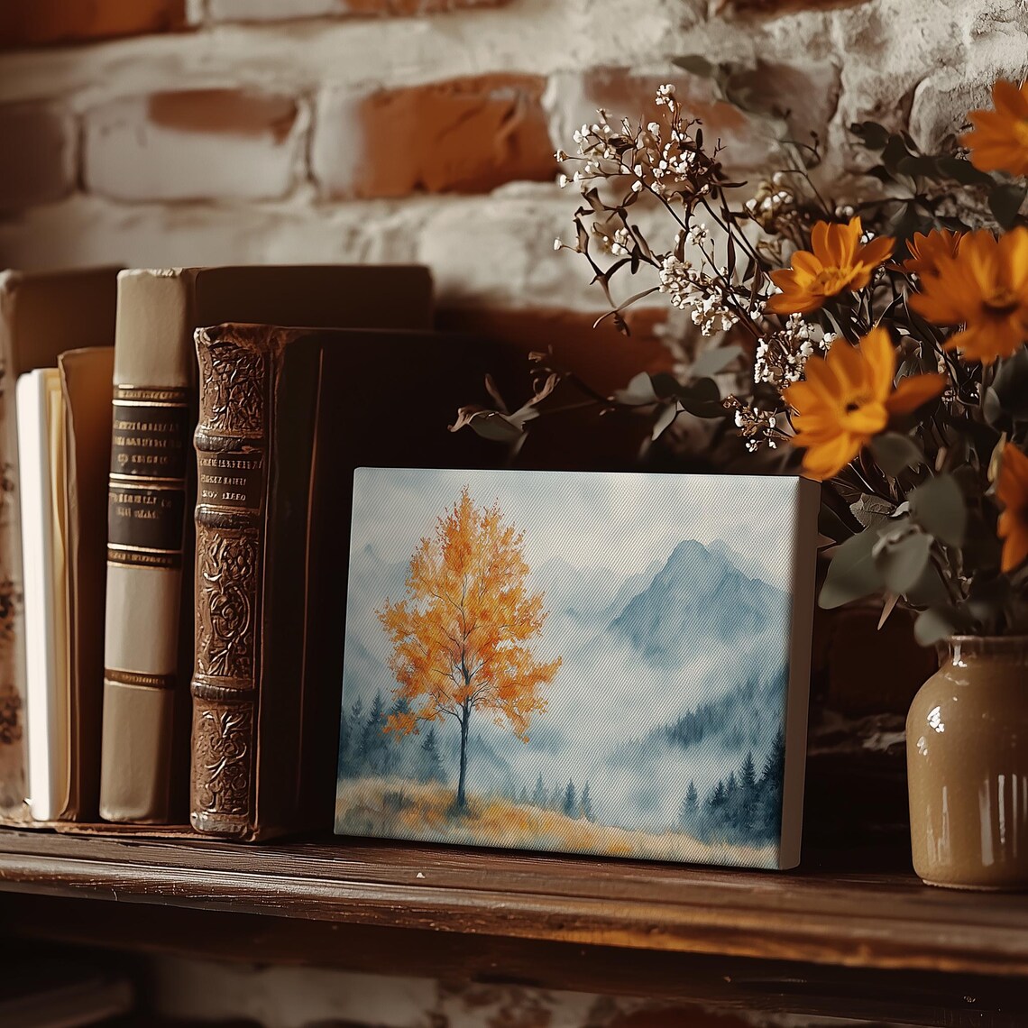 Orange Autumn Tree Before Misty Blue Mountains Watercolor Poster - Image 4