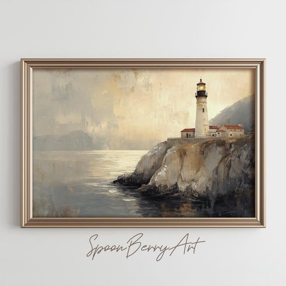 Lighthouse Painting Moody Vintage Light House Wall Print Decor Nautical Wall Art Beach Oil Painting Impressionism Art