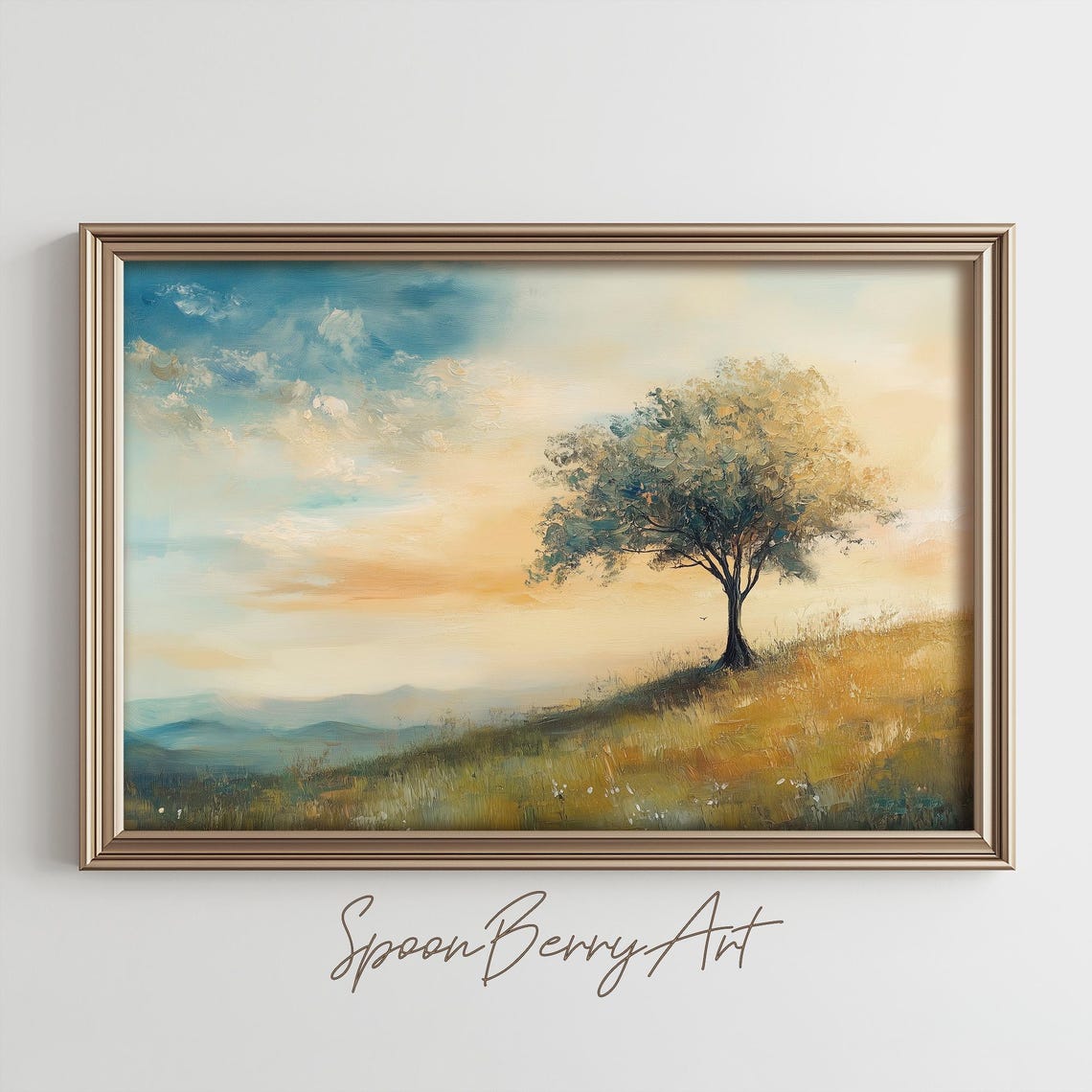 Lone Tree on a Golden Hill at Sunset Impressionist Landscape Poster