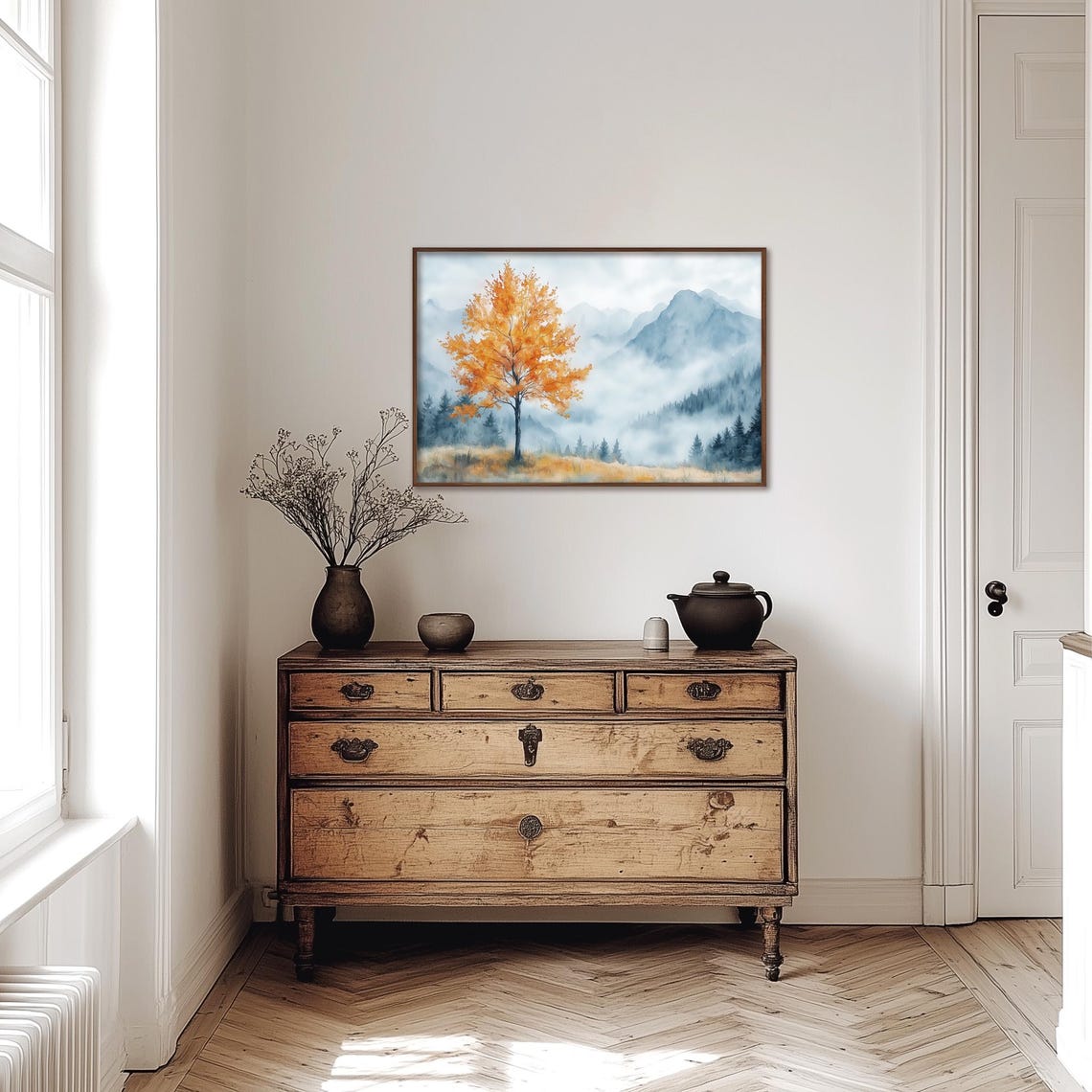 Orange Autumn Tree Before Misty Blue Mountains Watercolor Poster - Image 5