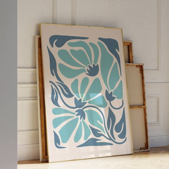 Boho Flower Print Abstract Floral Art In Blue Room Bedroom Wall