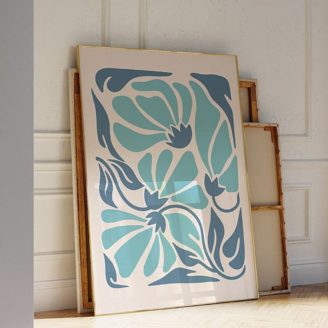 Boho Flower Print Abstract Floral Art In Blue Room Bedroom Wall