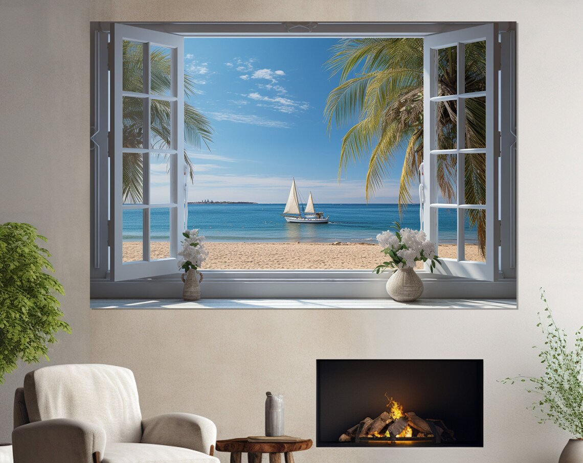 Open Window Sea View, Coastal Beach and Sailboat Art Print