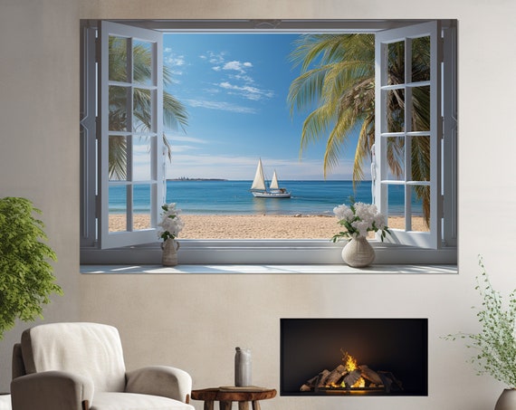 Open Window Sea View, Coastal Beach and Sailboat Art Print
