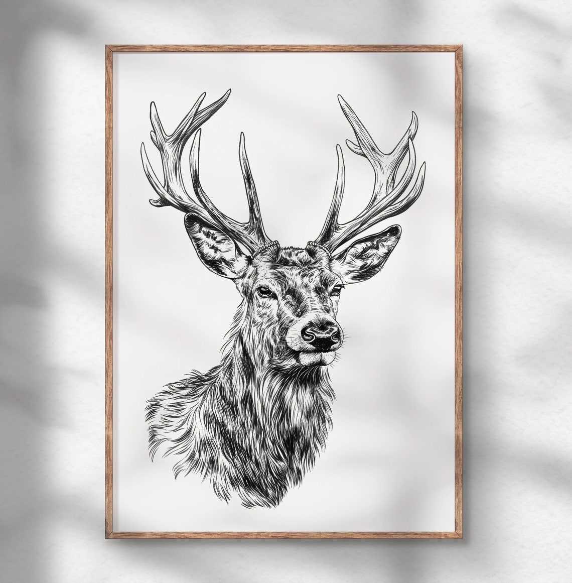 Stag Deer Antlers Sketch Poster Black White Minimalist Line Art