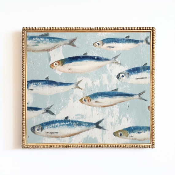 Blue Sardines Nautical Fish School Coastal Kitchen Art Print