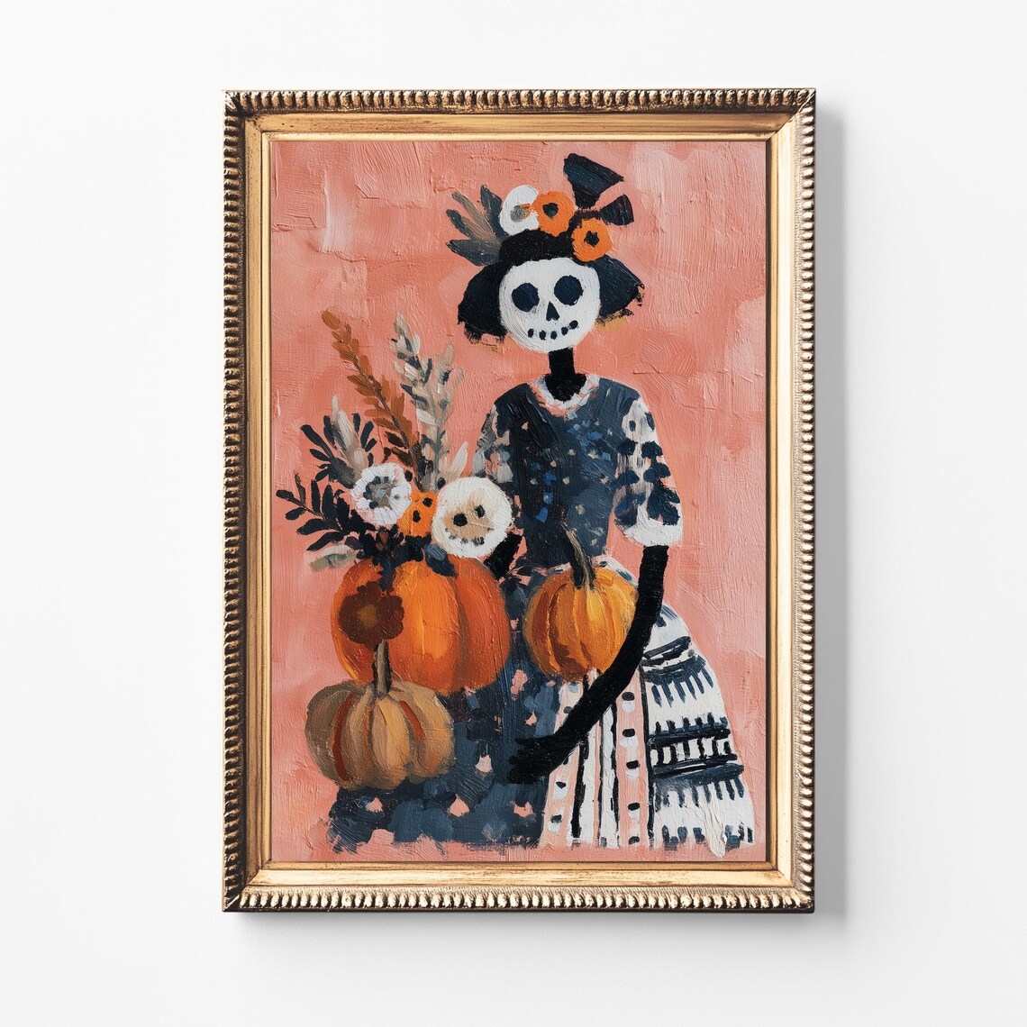 Vintage Halloween Skeleton Pumpkin Print Whimsical Fall Decor