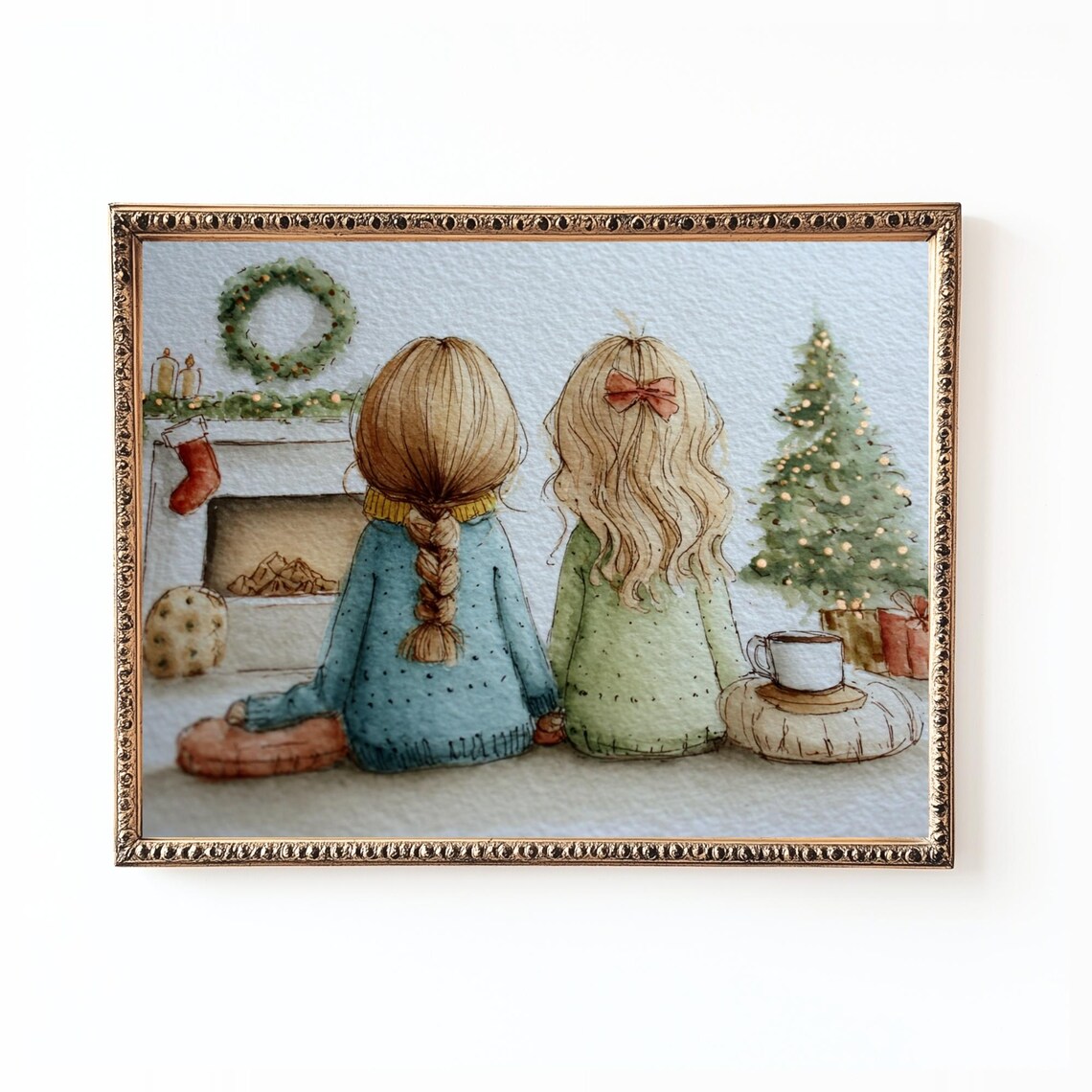 Cozy Christmas Girls Watercolor Art Print
