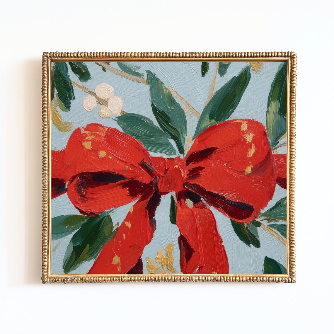 Vintage Christmas Holiday Art Print, Red Bow