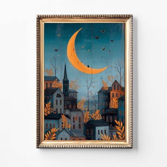 Halloween Moon Art Print Celestial Village Folk