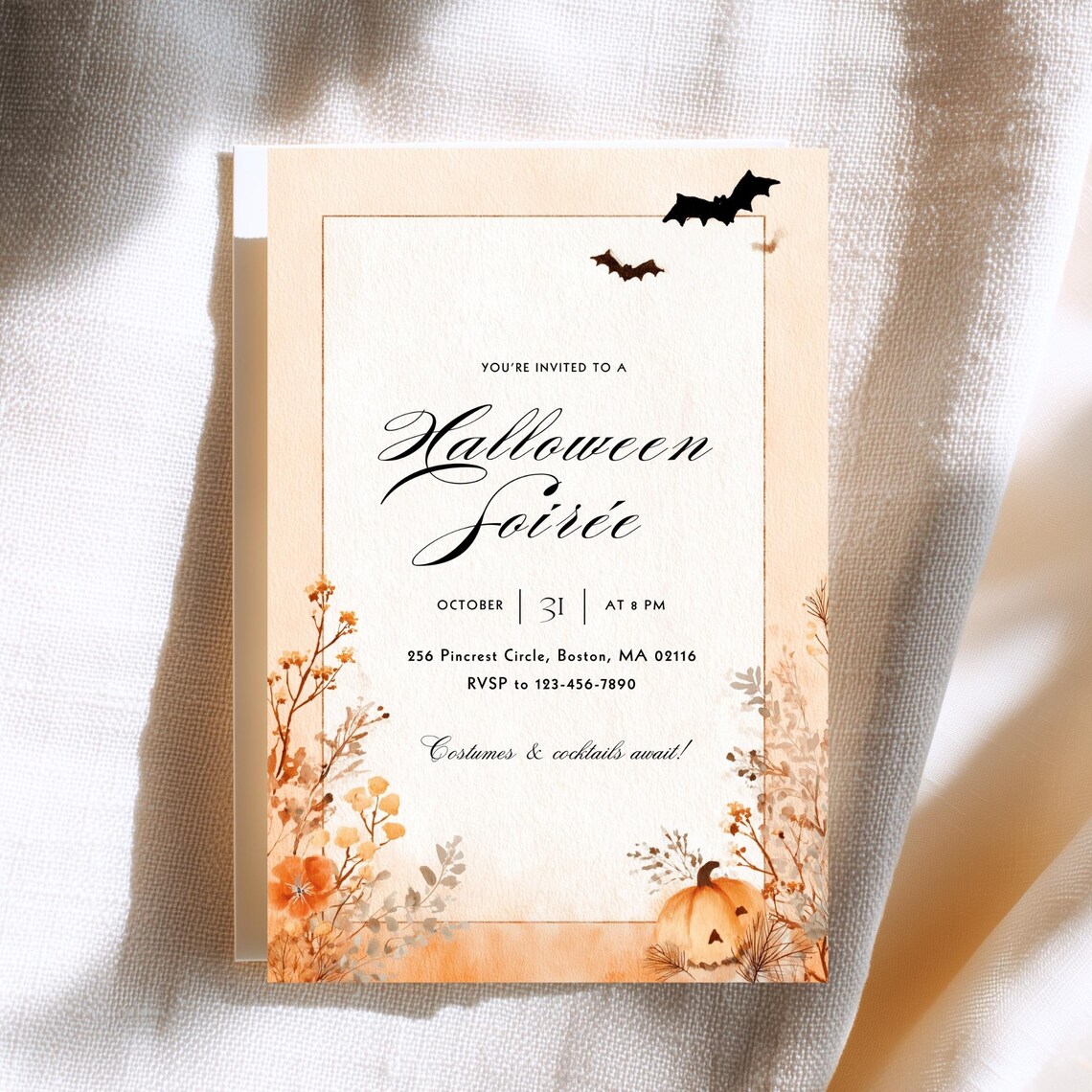 Elegant Halloween Party Invitation Watercolor Pumpkin Bats Canva Template Instant