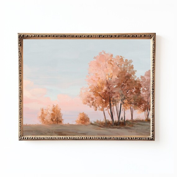Autumn Trees Landscape Print Soft Pink Sky Rustic Farmhouse Decor