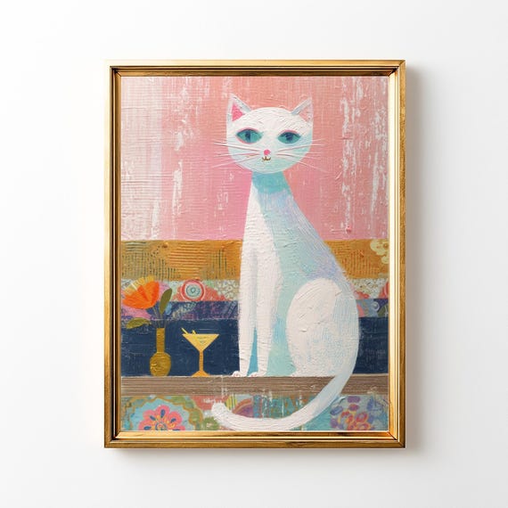 Whimsical Cat Art Print Retro Cocktail Bar Decor