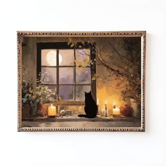 Vintage Halloween Black Cat Print Spooky Autumn Decor
