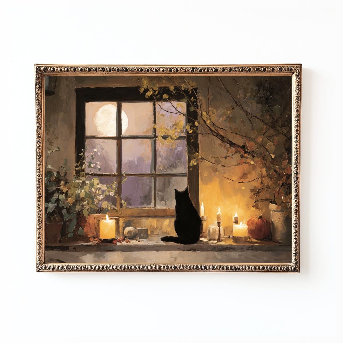 Black Cat at Moonlit Window With Candles Autumn Night Wall Art