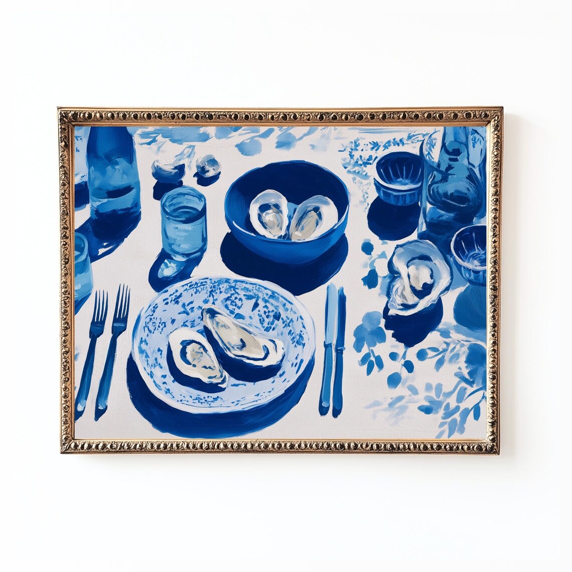 Blue Oyster Still Life Coastal Chinoiserie Painting Wall Art