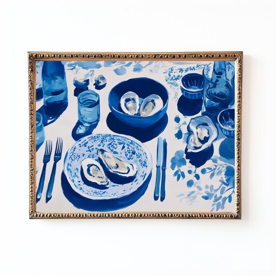 Blue Oyster Still Life Coastal Chinoiserie Painting Wall Art
