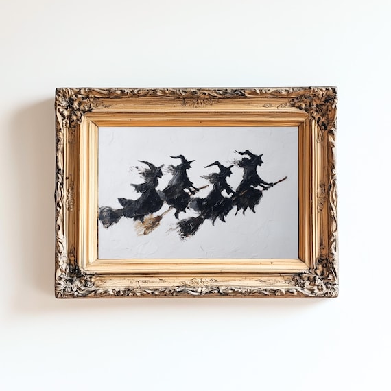 Vintage Halloween Print Flying Witches Rustic Autumn Decor
