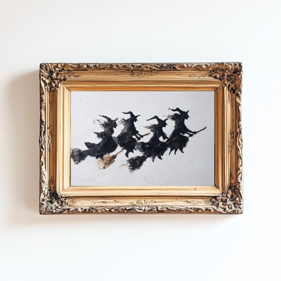 Vintage Halloween Print Flying Witches Rustic Autumn Decor