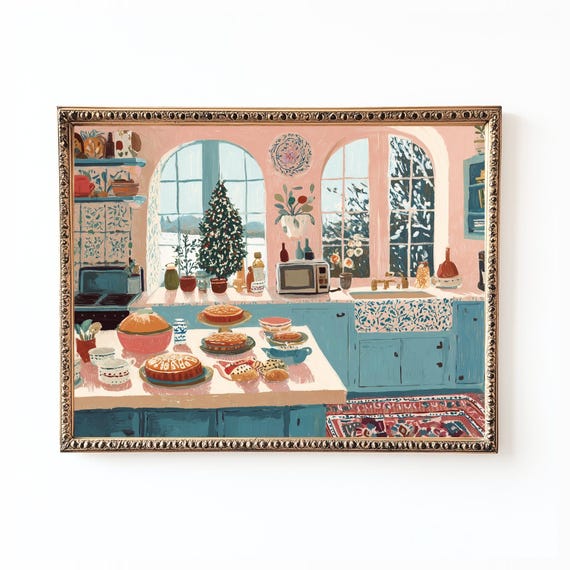 Sweet Christmas Kitchen Baking Scene Cakes Cozy Holiday Art Poster