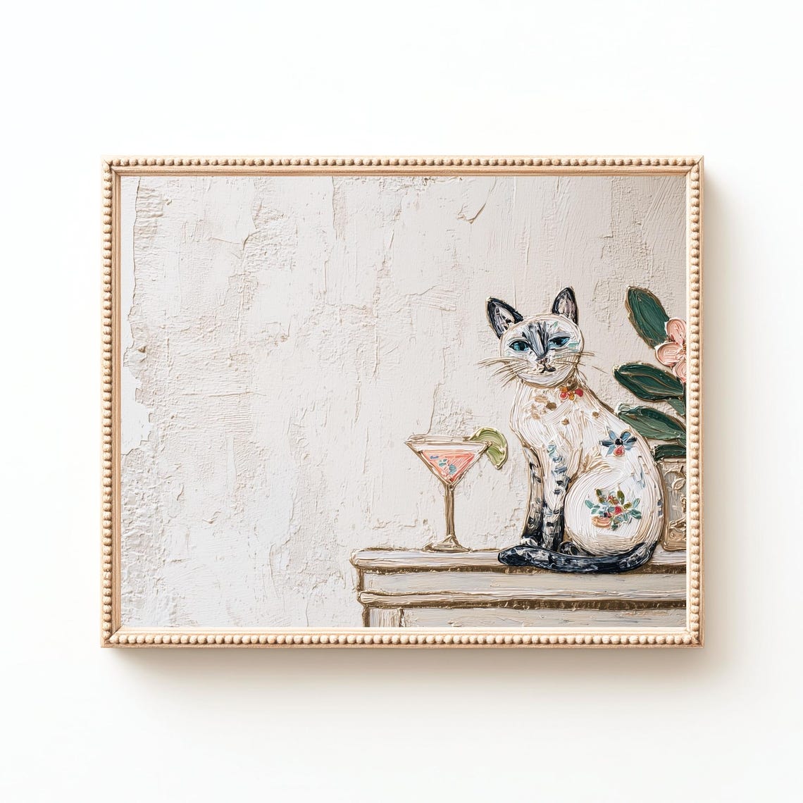 Siamese Cat with Martini Cocktail Floral Midcentury Bar Art Poster
