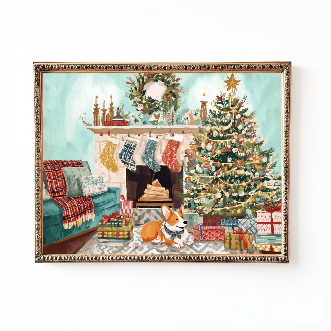 Corgi Christmas Art Print, Cozy Holiday