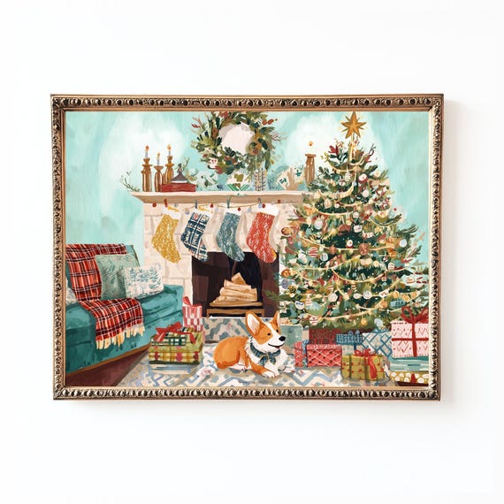 Corgi Christmas Art Print, Cozy Holiday