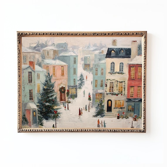 Christmas Village Vintage Holiday Town Scene Art Print