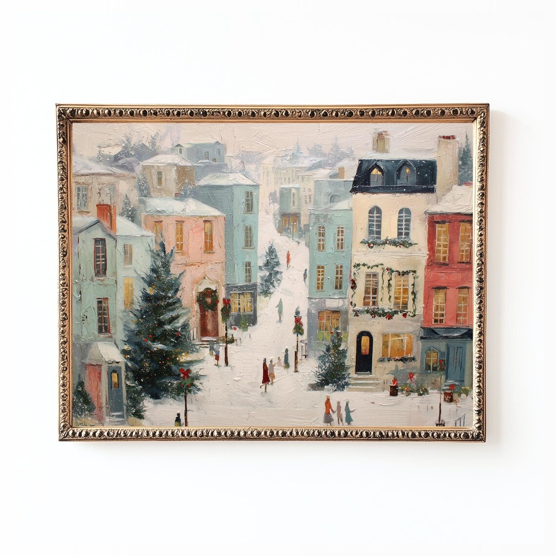Christmas Village Vintage Holiday Town Scene Art Print