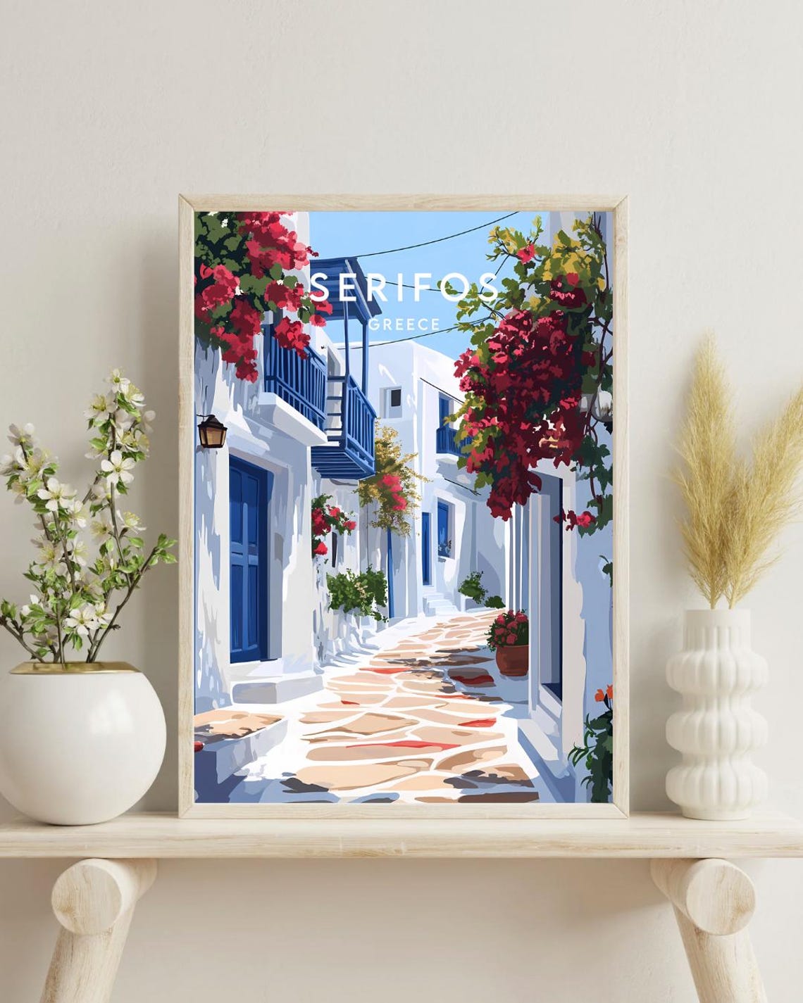 Serifos Greece White Blue Alley Red Bougainvillea Travel Poster - Image 4