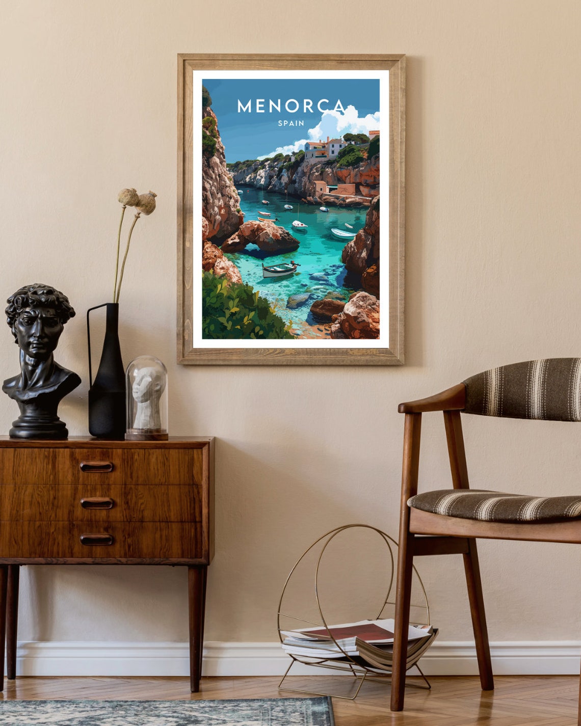 Menorca Spain Turquoise Cove Boats Rocky Bay Island View Poster - Image 2