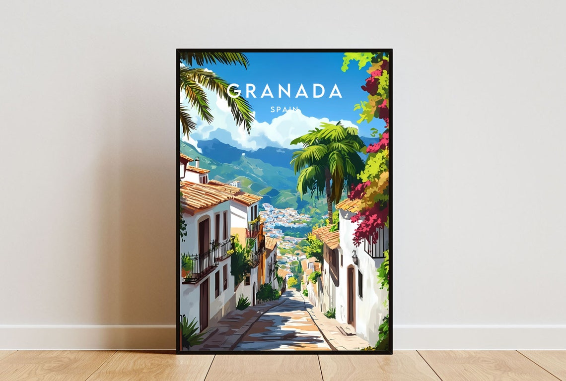 Granada Spain White Street Palms Mountain View Travel Poster