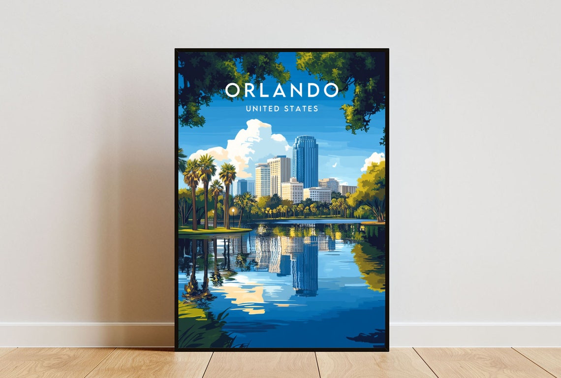 Orlando Florida Skyline Lake Reflection Palm Trees Travel Poster