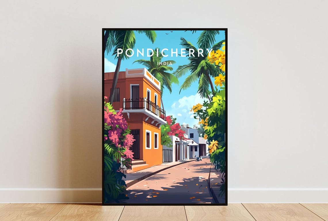 Pondicherry India French Colonial House Palms Vintage Travel Poster