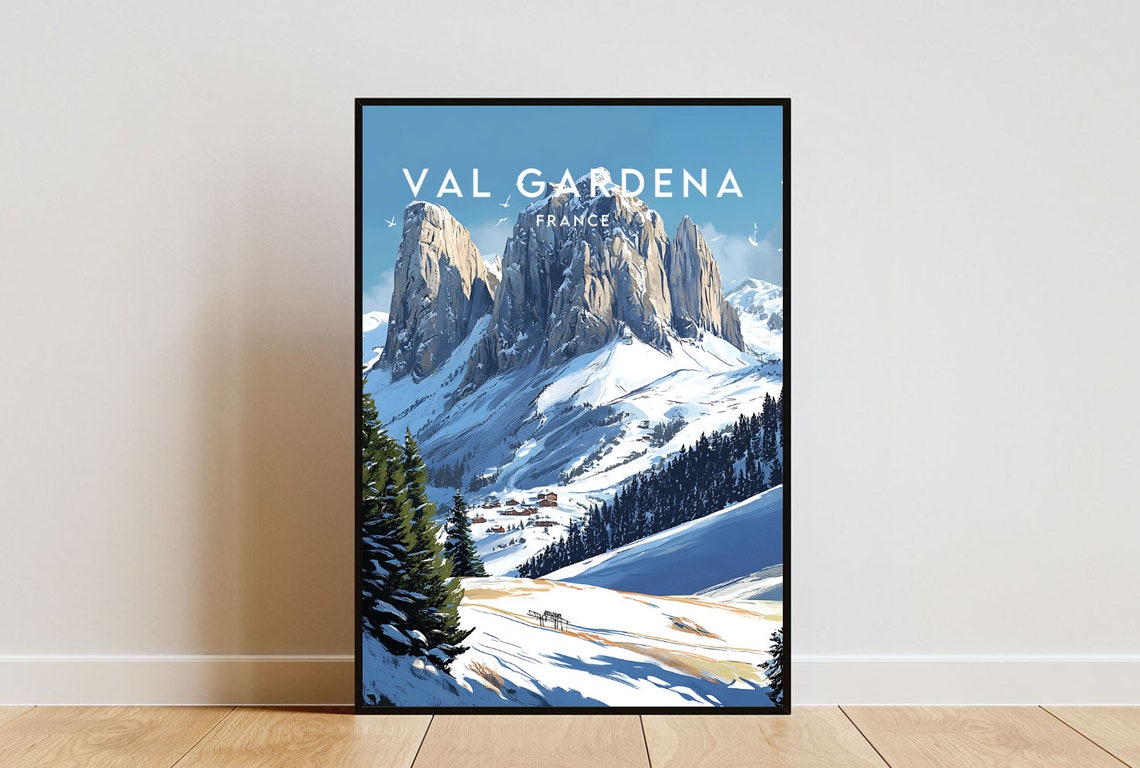 Val Gardena Dolomite Rock Spires Snowy Alpine Valley Travel Poster