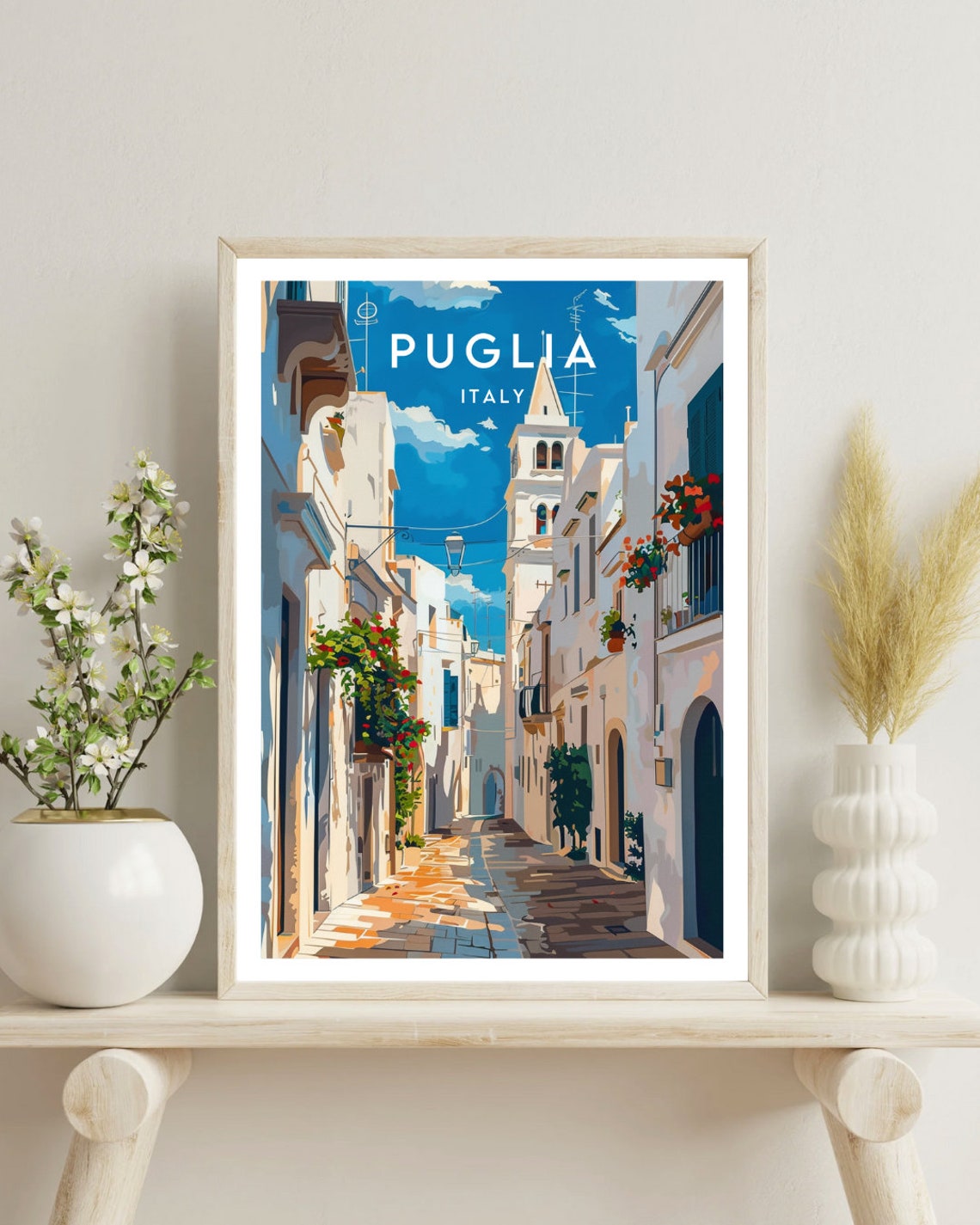 Puglia Italy Whitewashed Alley Bell Tower Charming Old Town Poster - Image 4