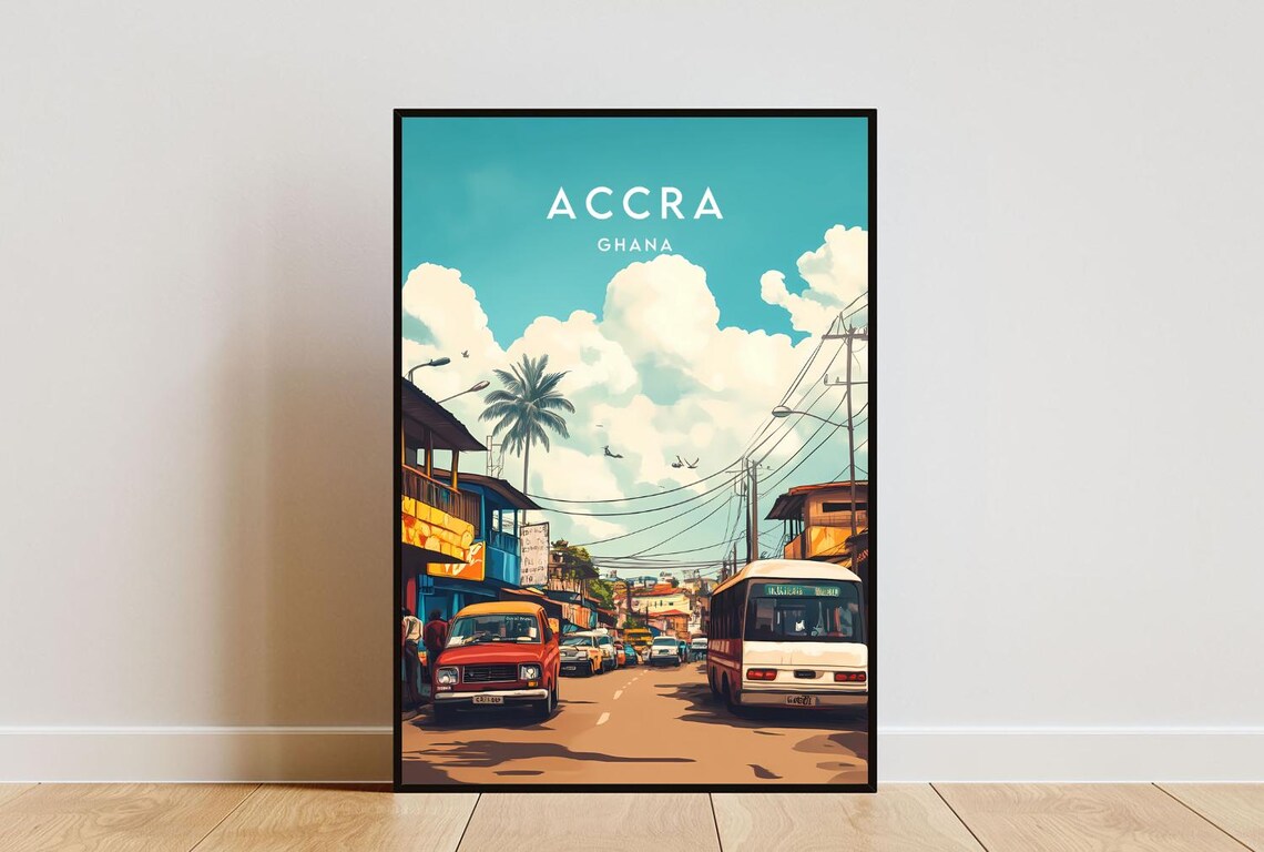 Accra Ghana City Street Buses Palm Trees Vintage Travel Poster
