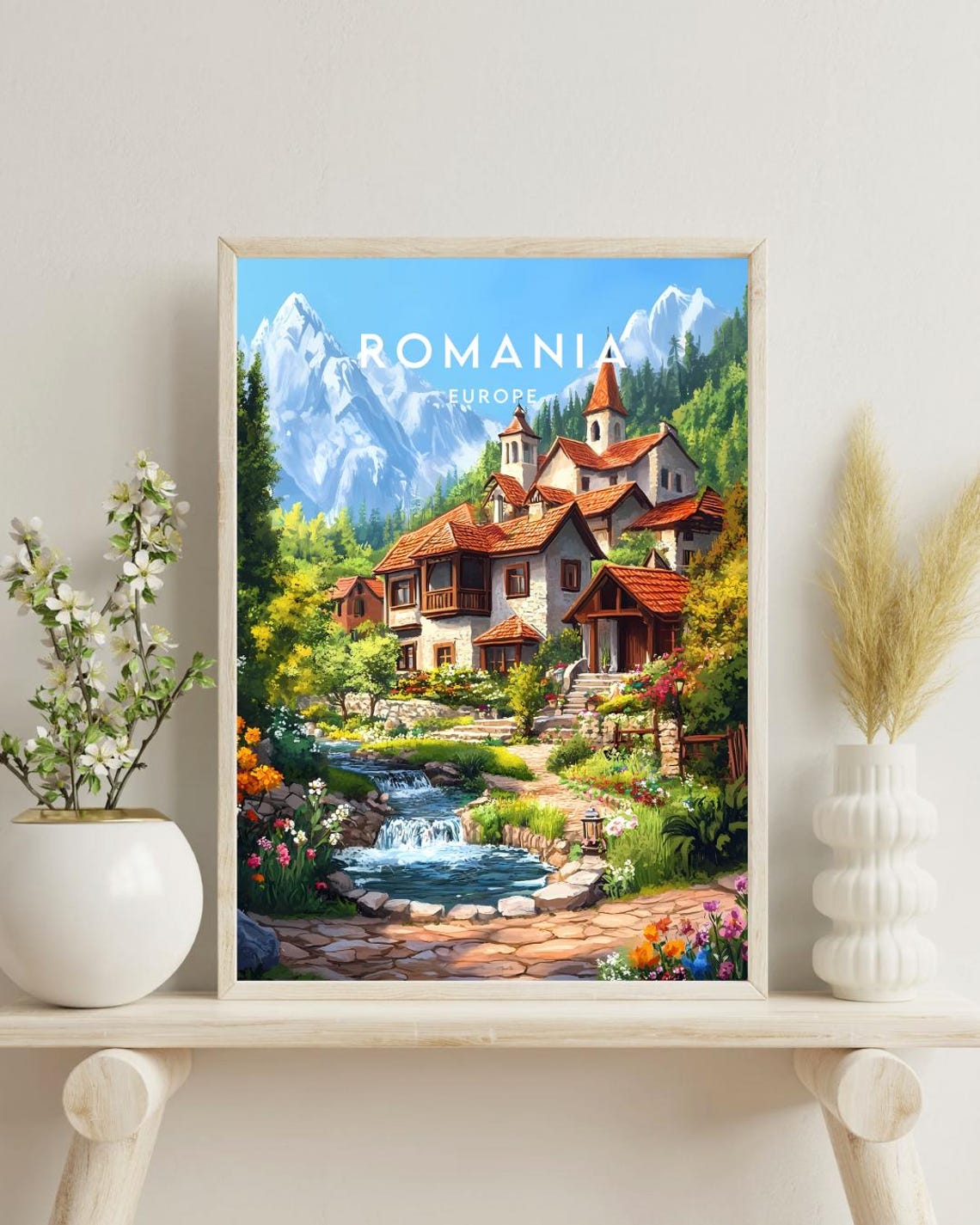 Romania Europe Alpine Village Waterfall Snow Peaks Travel Poster - Image 4