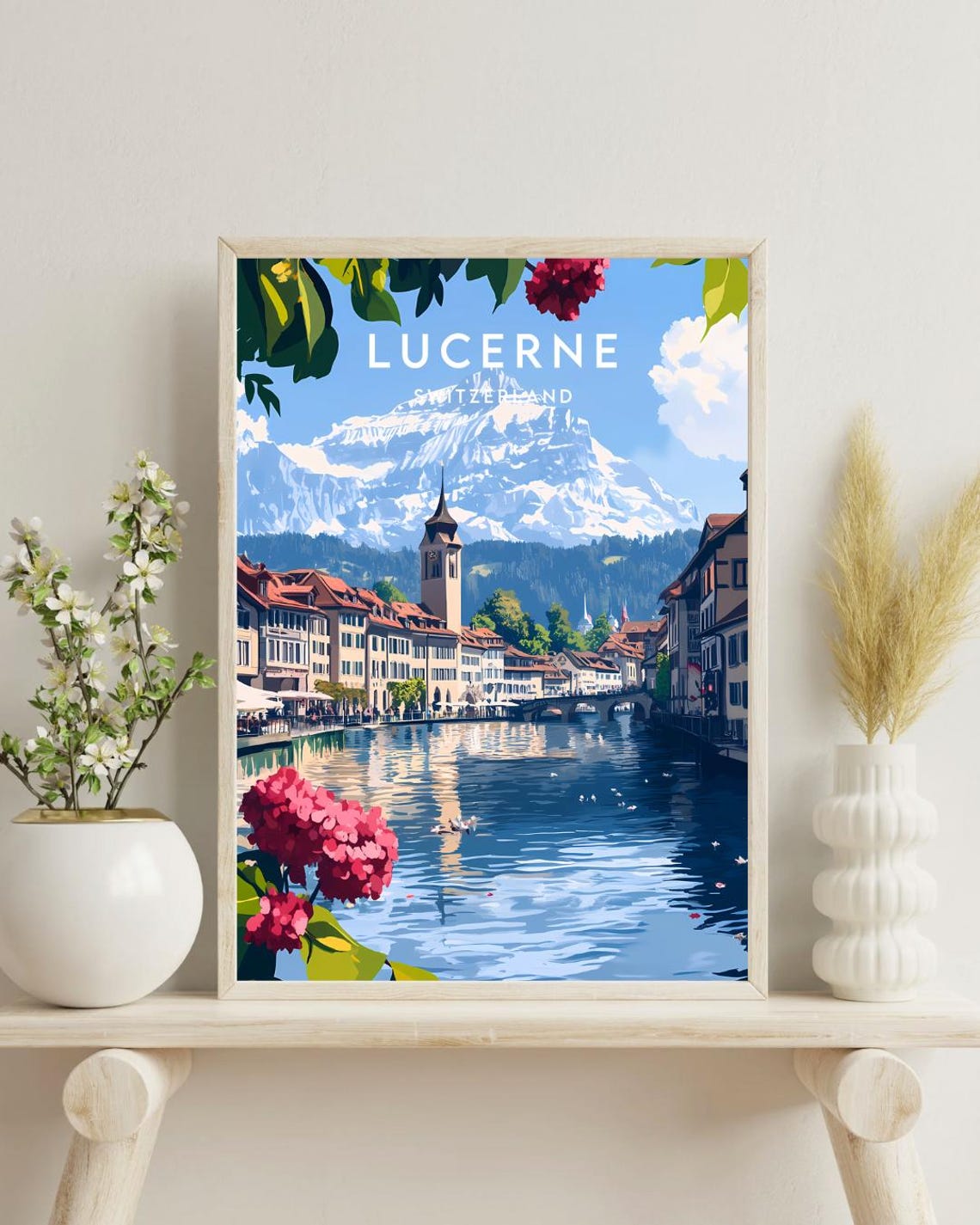 Lucerne Switzerland Riverside Old Town and Alps Travel Poster - Image 4