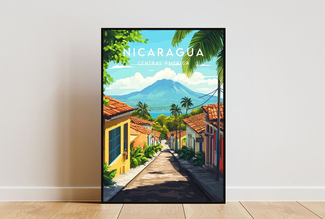 Nicaragua Central America Cobblestone Street Volcano View Poster