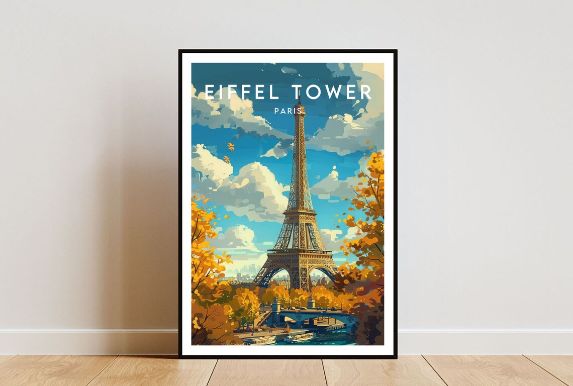 Eiffel Tower Paris Autumn Golden Leaves Seine View Travel Poster